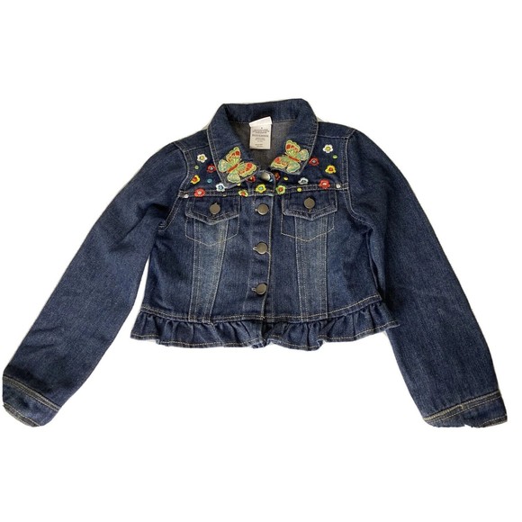 Nannette Kids Dark Wash Floral Butterfly Embroidered Denim Jacket, Sz 6 Ruffles - Picture 1 of 12